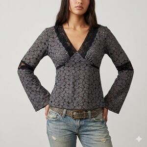 Vintage INC International Concepts Top 2 Grey Eyelet Floral Lace Y2K Whimsigoth